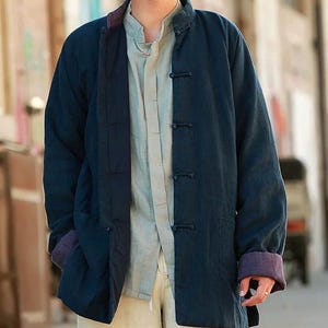 Dark Blue Men's Warm Jacket, Winter Padded Thick Jacket, Linen Ramie Jacket, Quilted Coat