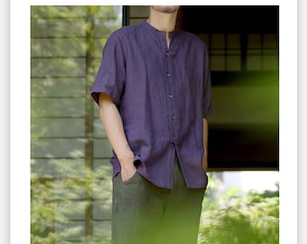 Handmade Linen Shirt,Flax Shirt, Short Sleeve Shirt, Martial Art Shirt, Button Shirt, Collar Shirt, Mens Top