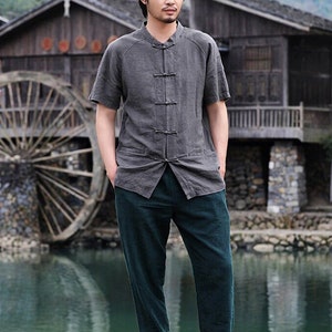 3-color 100%Handmade Linen Mens Shirt, Linen-like Shirt, Long Sleeve Shirt, Martial Art Shirt, Vintage Button Shirt, Collar Shirt