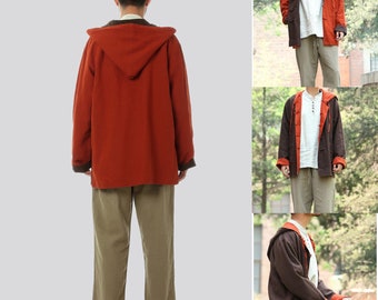 Handmade Double-sided Mens Jacket with Hat, 100% Linen, Linen-like Jacket,Long Sleeve Martial Art Jacket, Vintage Chinese Button Jacket,