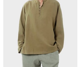 Green Linen Mens Shirt, Handmade Shirt, Linen-like Material, Long Sleeve Shirt, Button Shirt, Mens Top, Tees, Martial Art Tai Ji Shirt
