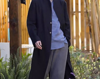 Black Line-like Handmade Mens Long Coat, Linen Formal Coat, Long Sleeve Jacket, Gift for Him