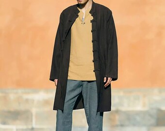 Dark Brown Line-like Handmade Mens Long Jacket, Linen Long Coat, Martial Art Jacket, Vintage Chinese Button Jacket