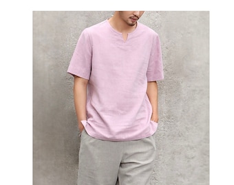 3-colors LinenMen Shirt with Stylish V collar, Handmade, 100% Linen, linen-like shirt, Short sleeve shirt, Summer shirt, Pink/Gray/Beige