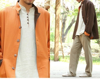 Linen Double-sided Mens Jacket, Handmade Jacket, Linen Jacket, Long Sleeve Jacket, Casual Jacket, Martial Art Jacket, Collar Jacket,