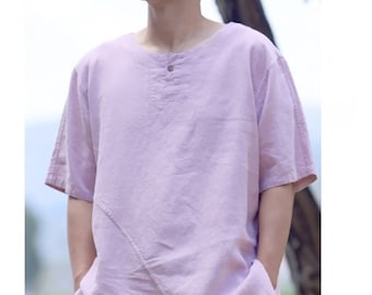 Pink Pure Linen Men's Shirt with Button, Summer Vacation Short Sleeve Shirt, Martial Arts Shirt