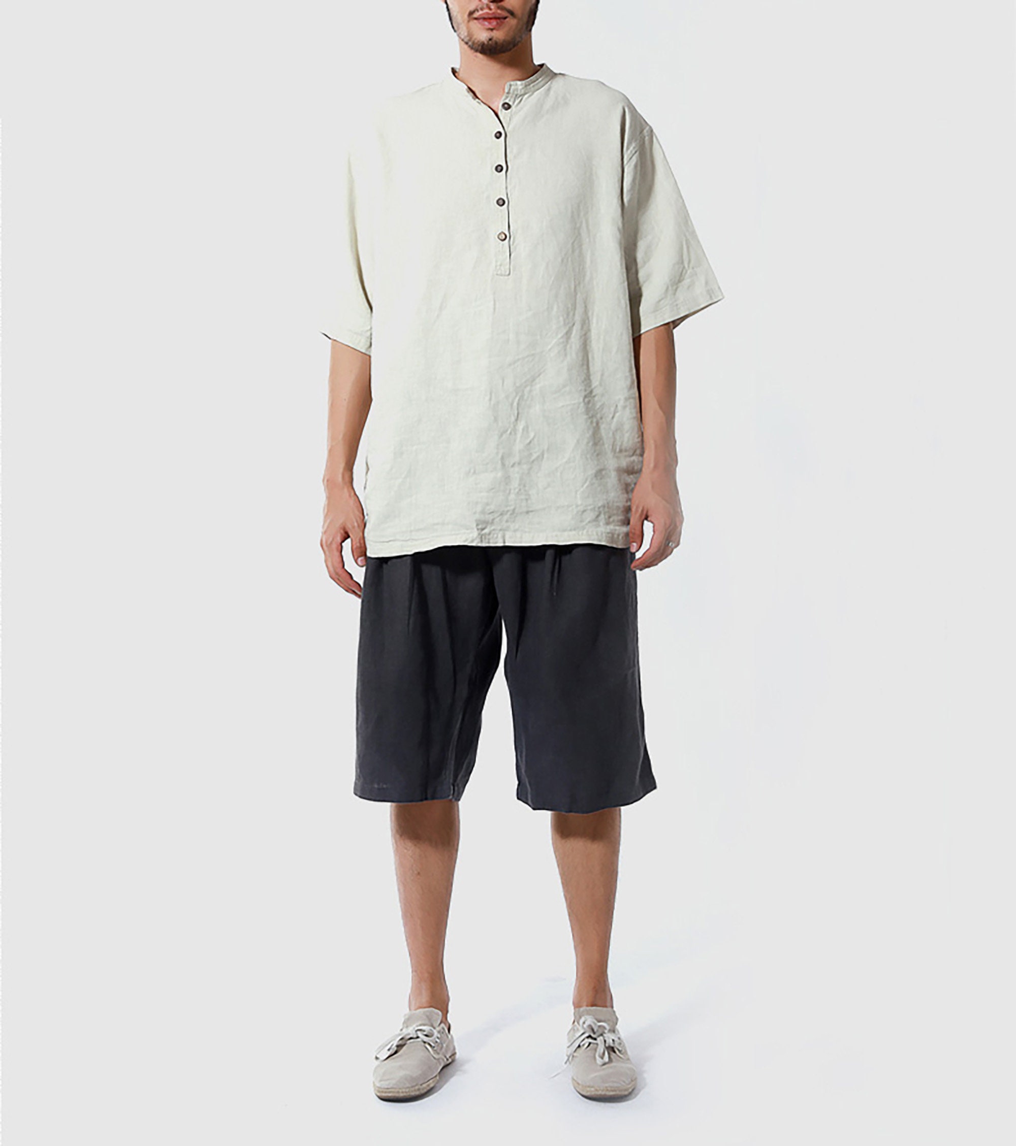 3-colors Luxury Linen Mens Long Baggy Shorts,wide Leg Short Pants