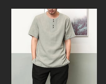 3-colors Pure Linen Men's Shirt with Button Design, Summer Vacation Short Sleeve Shirt, Women Linen,Shirt,Martial Arts Shirt