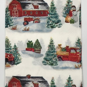 Servilletas de papel para decoupage, tarjetería, técnica mixta, granero, Navidad, pino, viejo camión rojo