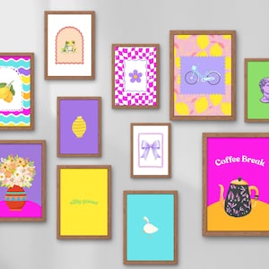 Colorful eclectic wall art bundle. Digital files with flowers, silly goose, coffee flowers and a frog