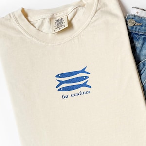 Sardines Shirt, Embroidered Comfort Colors Tee, Fisherman Aesthetic Unisex Garment-Dyed T-shirt