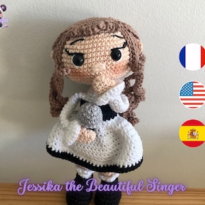 Jessika la ravissante chanteuse, patron poupée amigurumi, patron crochet poupée, patron amigurumi crochet, Français, Anglais, Espagnol