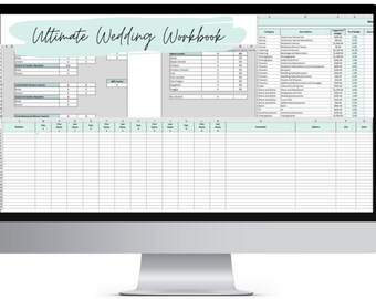 May include: A computer screen displaying a wedding planning workbook with a light green and gray color scheme. The workbook includes sections for guest lists, budget tracking, and a wedding timeline.