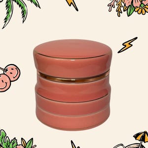 May include: A cylindrical, coral-pink ceramic container with a matching lid, featuring a smooth, glossy finish and a thin, metallic gold-coloured band accentuating the seam where the lid meets the base, set against a light cream-coloured background.