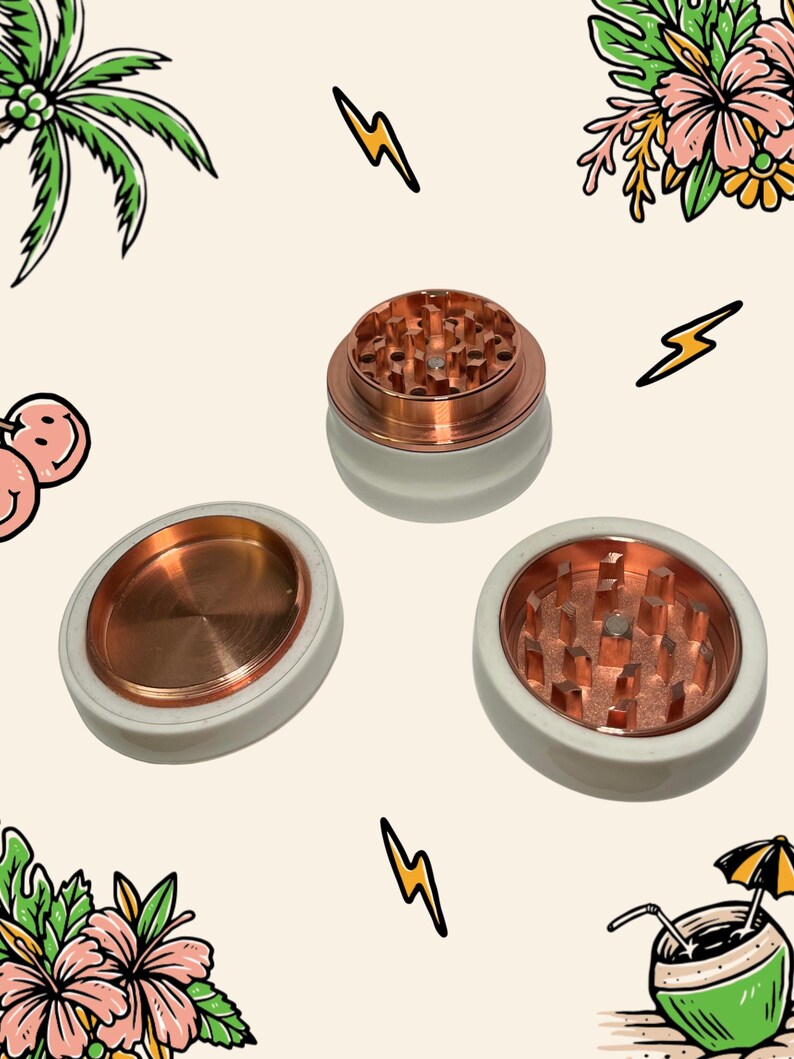 May include: A three-piece herb grinder set featuring a smooth white exterior and a metallic copper interior. The components include two pieces with sharp, pyramid-shaped grinding teeth and one flat, circular lid, all designed for manual operation.