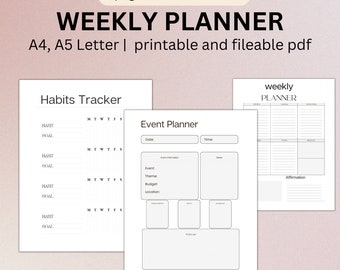 May include: A printable weekly planner with sections for habits, events, and a daily schedule. The planner includes a habits tracker with space to list goals, an event planner with sections for date, time, event information, theme, budget, and location, and a weekly planner with sections for Monday through Sunday.