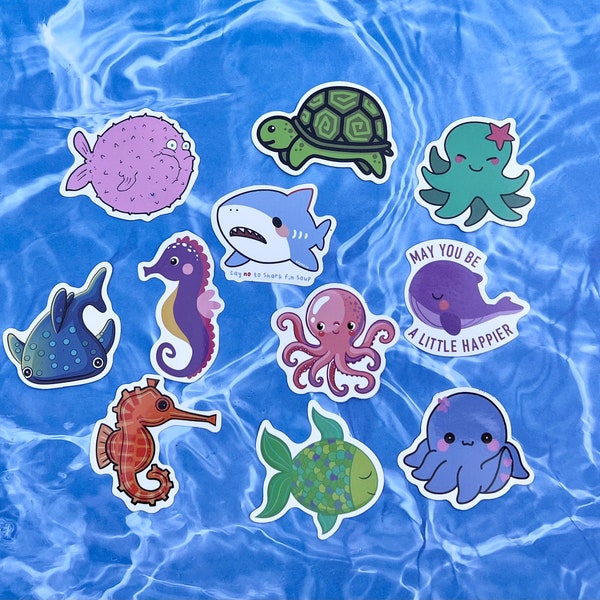 Set of 11 Adorable Sea Critter Stickers Decals Waterproof Stickers Laptop Stickers Sea Horse Stickers Octopus Stickers
