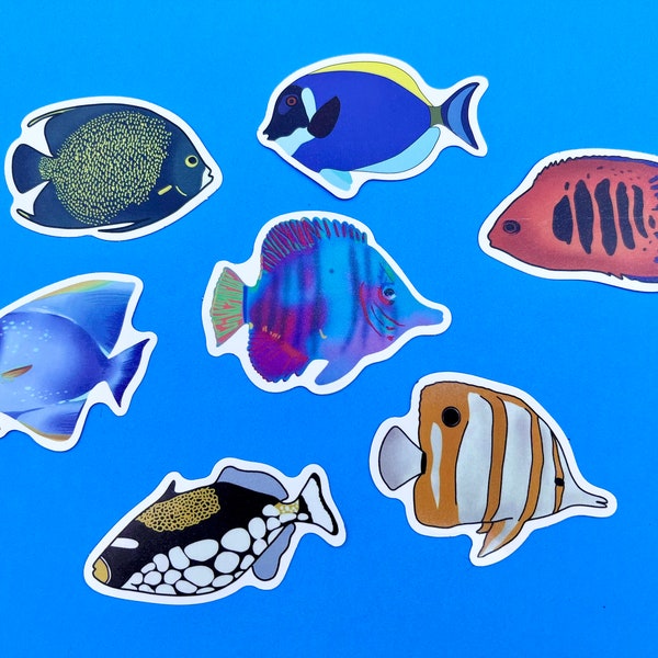 Colorful Tropical Fish Stickers Set of 7 Saltwater Fish Decals Water Bottle Stickers Laptop Stickers Yeti Stickers Waterproof Stickers