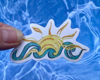 Sun and Waves Vinyl Waterproof Sticker Beachy Water Bottle Sticker Laptop Sticker Sunset Sticker