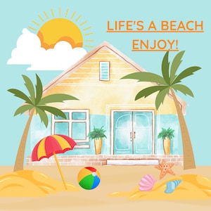 Immagine stampabile divertente estiva 2600x2600px, alta risoluzione, immagine spiaggia, casa sulla spiaggia, vacanza, cottage, casa estiva, canottaggio, sole
