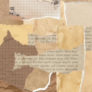 Carta marrone strappata, immagini di sfondo, 15 collage unici per scrapbooking, journaling, arte, carte casuali su una pagina con scrittura ed età