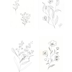 Seleção de esboços de flores em tinta preta e branca, desenhos minimalistas simples de 4 buquês de flores diferentes, diário, álbum de recortes, cartões, mais