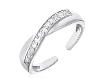 Sterling Silver Toe Ring with Cubic Zirconia Stones, Silver with CZ Adjustable Toe Ring