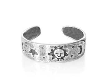 Bague d'orteil réglable Happy Sun Star Moon en argent sterling