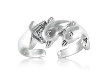 Sterling Silver Two Dolphins and Starfish Adjustable Toe Ring