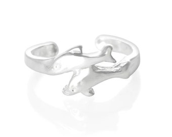 Sterling Silver Two Swimming Dolphins Adjustable Toe Ring