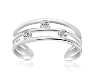 Sterling Silver Toe Ring with Open Toe Three Cubic Zirconia Design, Three Bar CZ Adjustable Toe Ring