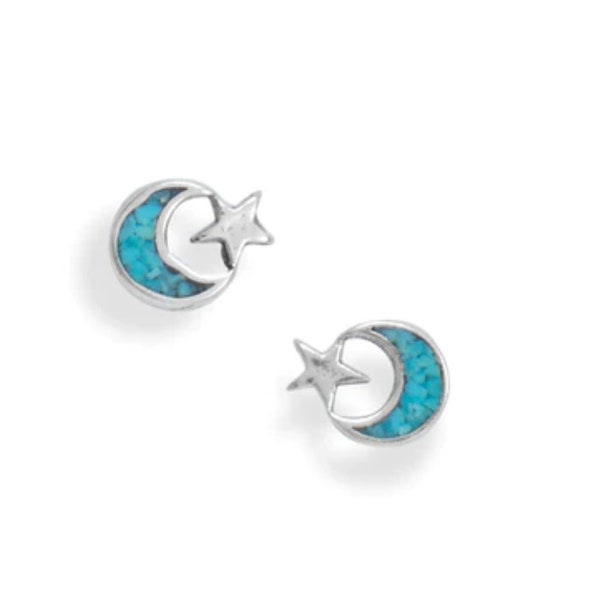 Oxidized Turquoise Chip Moon and Star Earrings main image 0