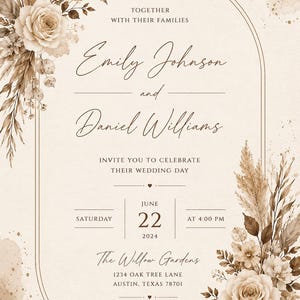 Op de afbeelding: Trouwkaart met een beige achtergrond en bloemaccenten. De tekst luidt "Emily Johnson en Daniel Williams" met de datum 22 juni 2024. De uitnodiging bevat het adres van de locatie en "Receptie volgt."