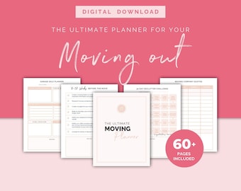 Puede incluir: Un planificador digital con fondo rosa, para la mudanza. El texto dice "The Ultimate Planner for Your Moving Out". Incluye páginas para una venta de garaje, tareas previas a la mudanza, desescombro y presupuestos de empresas de mudanzas. Incluye más de 60 páginas.