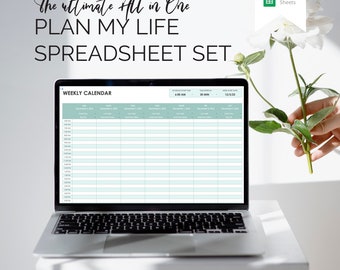 May include: A laptop computer displaying a weekly calendar spreadsheet template. The spreadsheet is titled "Weekly Calendar" and has columns for "Schedule Start Time", "Task Arrival", and "Work Start Date". The spreadsheet is designed to help users plan their week.