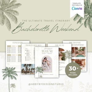 Tropical Palm Tree 30+ Pages A4 Ultimate Bachelorette Weekend Planner & Itinerary | Editable Canva Template, Outfit Planner, Travel Planner