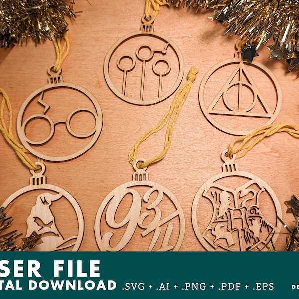 6 Laser Cut Wizard-Themed Ornaments, Christmas Ornament SVG cut file, Wizard Ornaments, SVG, laser, Omtech, Xtool, Glowforge