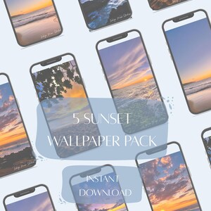 Könnte beinhalten: Mehrere Smartphones mit Sonnenuntergangs-Hintergrundbildern. Die Bildschirme zeigen Strand- und Ozeanszenen in Orange, Gelb und Blau. Der Text auf dem Bild lautet "5 Sunset Wallpaper Pack" und "Instant Download".