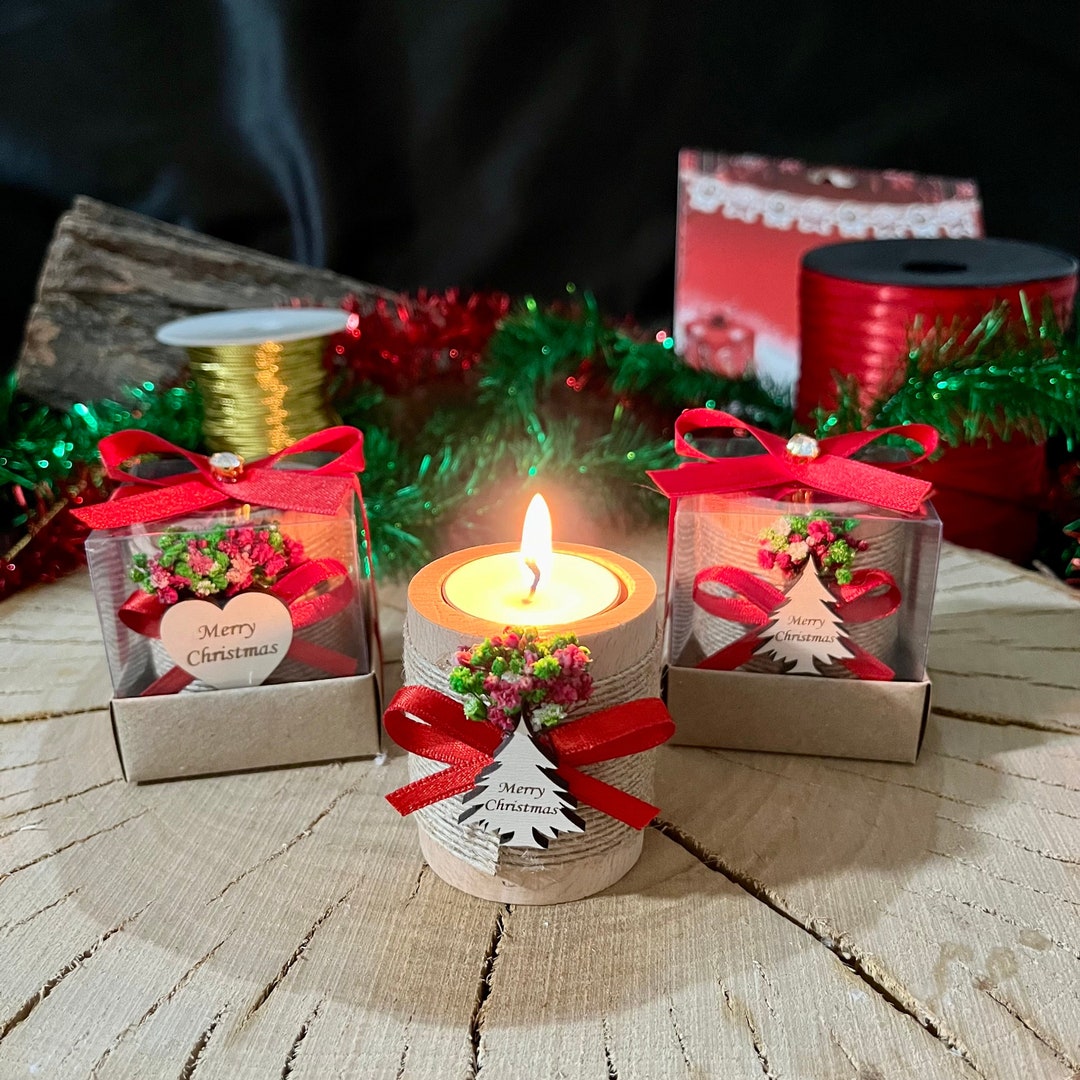 Christmas Wooden Candle Holder Favors, Personalized Xmas Tealight