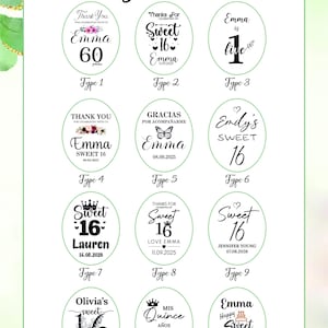 May include: A design chart featuring twelve different oval-shaped designs with text. The designs include phrases like "Sweet 16", "Thank You", and names such as Emma, Lauren, and Sofia Garcia. The chart is on a white background with green accents.