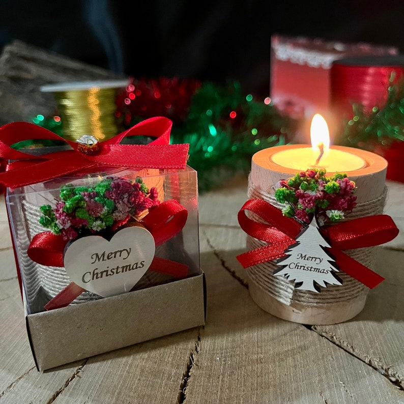 Christmas Wooden Candle Holder Favors, Personalized Xmas Tealight