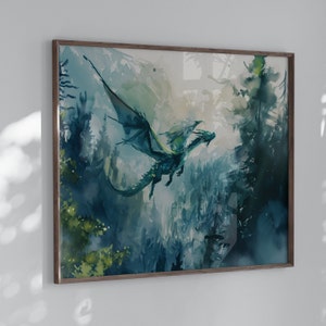 Forest Dragon Watercolor Art Horizontal Poster Print fantasy art forest and a dragon Fantasy Painting, Watercolor illustration Dark Academia