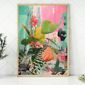 Botanical Boho Colorful pink green Print, Maximalist Animal Jungle Wall Art, Tropical Bathroom Safari Print, Eclectic Jungle Bathroom Neon