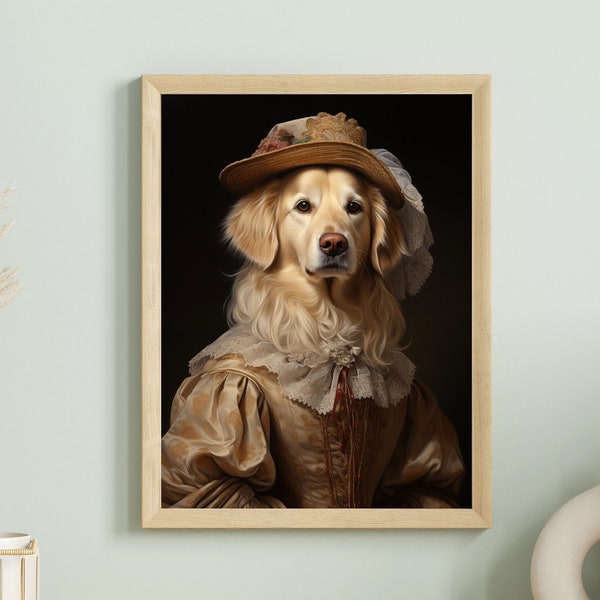 Victorian Golden Retriever dog Matte Vertical Print Dark Art Poster Print, Cottagecore Home Decor, Victorian Decoration Preppy Dog lover art