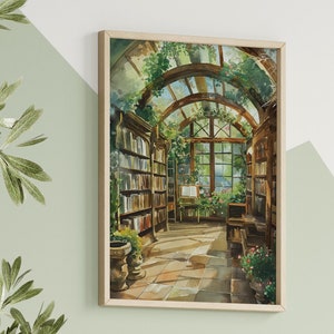 May include: A watercolor painting of a sunlit greenhouse filled with bookshelves and plants. The greenhouse has a glass roof and a large window that lets in natural light. The bookshelves are filled with books, and there are plants growing in pots on the floor.