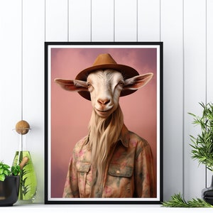 Cowboy Goat Vertical Print Howdy Poster Print, Cottagecore Home Decor Coastal Cowgirl Wall art Vintage Goat Western Farmhouse Preppy art