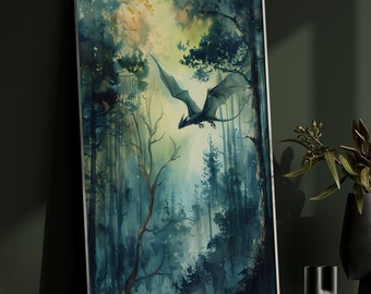 Forest Dragon Watercolor Art  Vertical Poster Print fantasy art forest and a dragon Fantasy Painting, Watercolor illustration Dark Academia