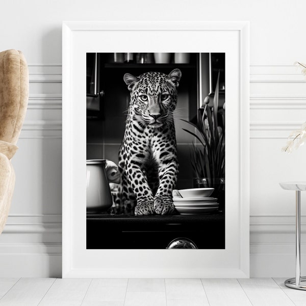 Jaguar in kitchen Print Cheetah Poster Black and White Wall Art Vintage Photography Fashion Print, Trendy Wall Art, Cheetah Panther Leopard