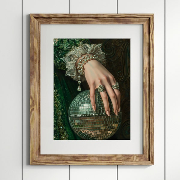 Victorian Art altered Print moody Painting, vintage green Disco ball Print, victorian decor wall art, dark moody altered art Print Pearls
