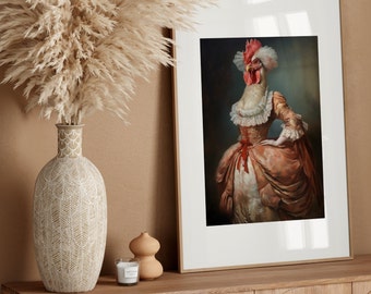 Victorian Chicken Matte Vertical Print Dark Art altered Print, Cottagecore Home Decor, Victorian Decoration Preppy Chicken Renaissance Hen